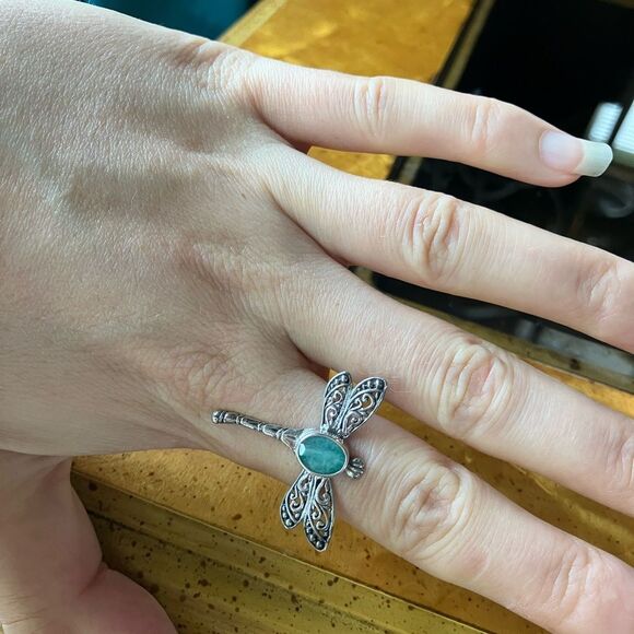 Natural Emerald Sterling Silver Dragonfly Ring Size 9 - Picture 3 of 8